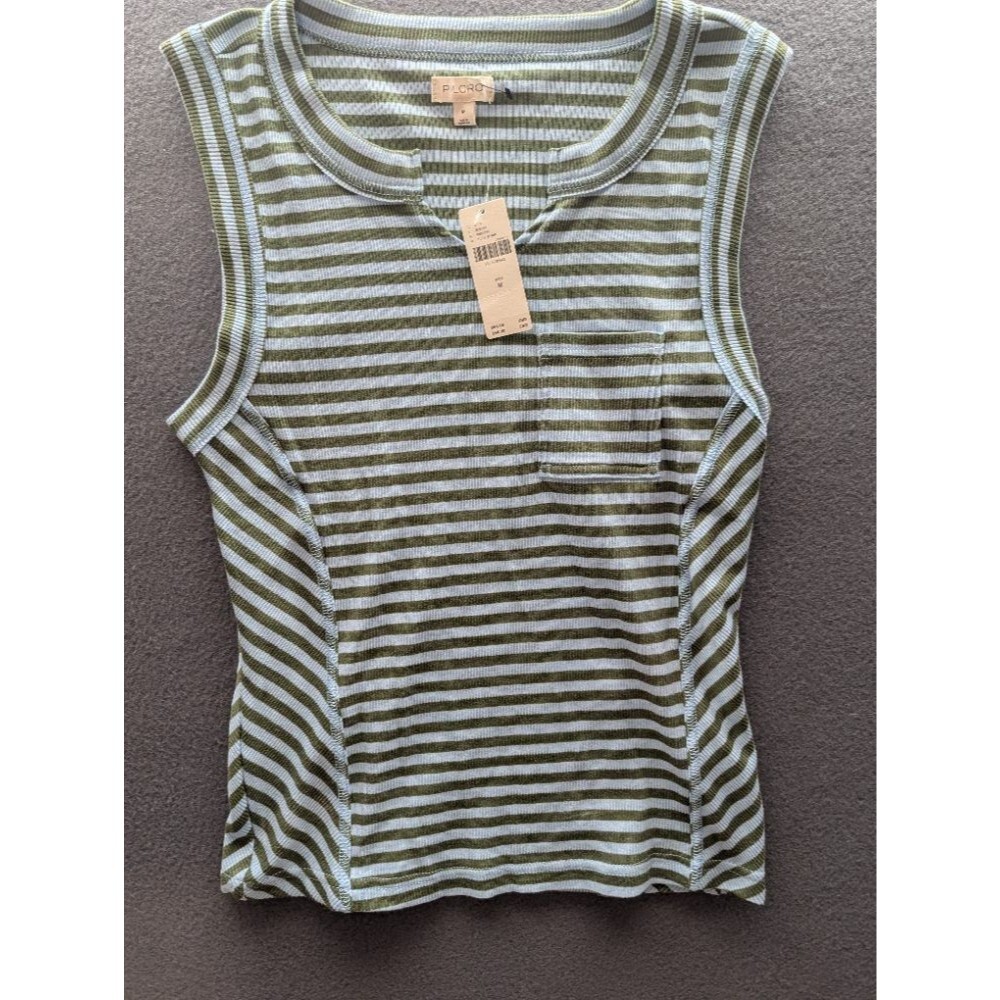 Pilcro Anthropologie Striped Ribbed Tank Top Olive Green Blue New With Tags M